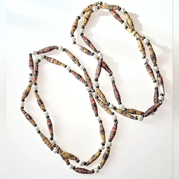 2 ROLLED PAPER BEAD NECKLACES - LIGHTWEIGHT - ABOUT 28" LONG EACH - Picture 2 of 6